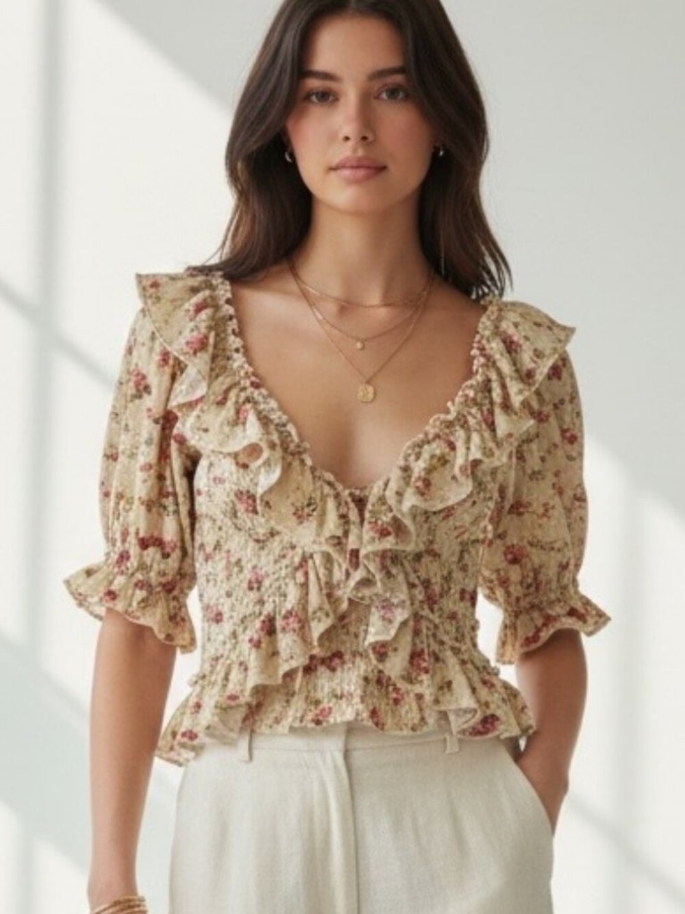Free People Floral Smocked Ruffle Blouse Top Size L Fairy Cottagecore Boho